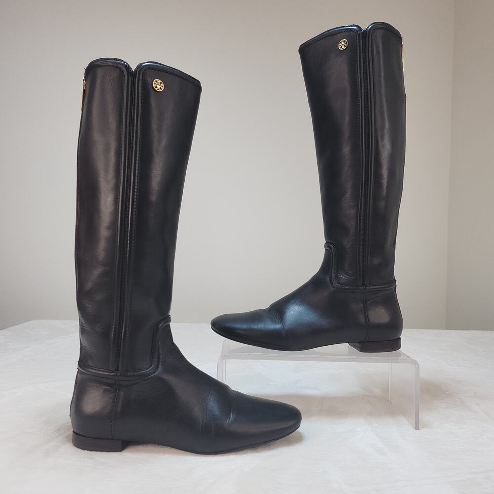 Tory Burch Black Riding Boots 6 Leather Low Heel Gold Irene Full Zip Square Toe
